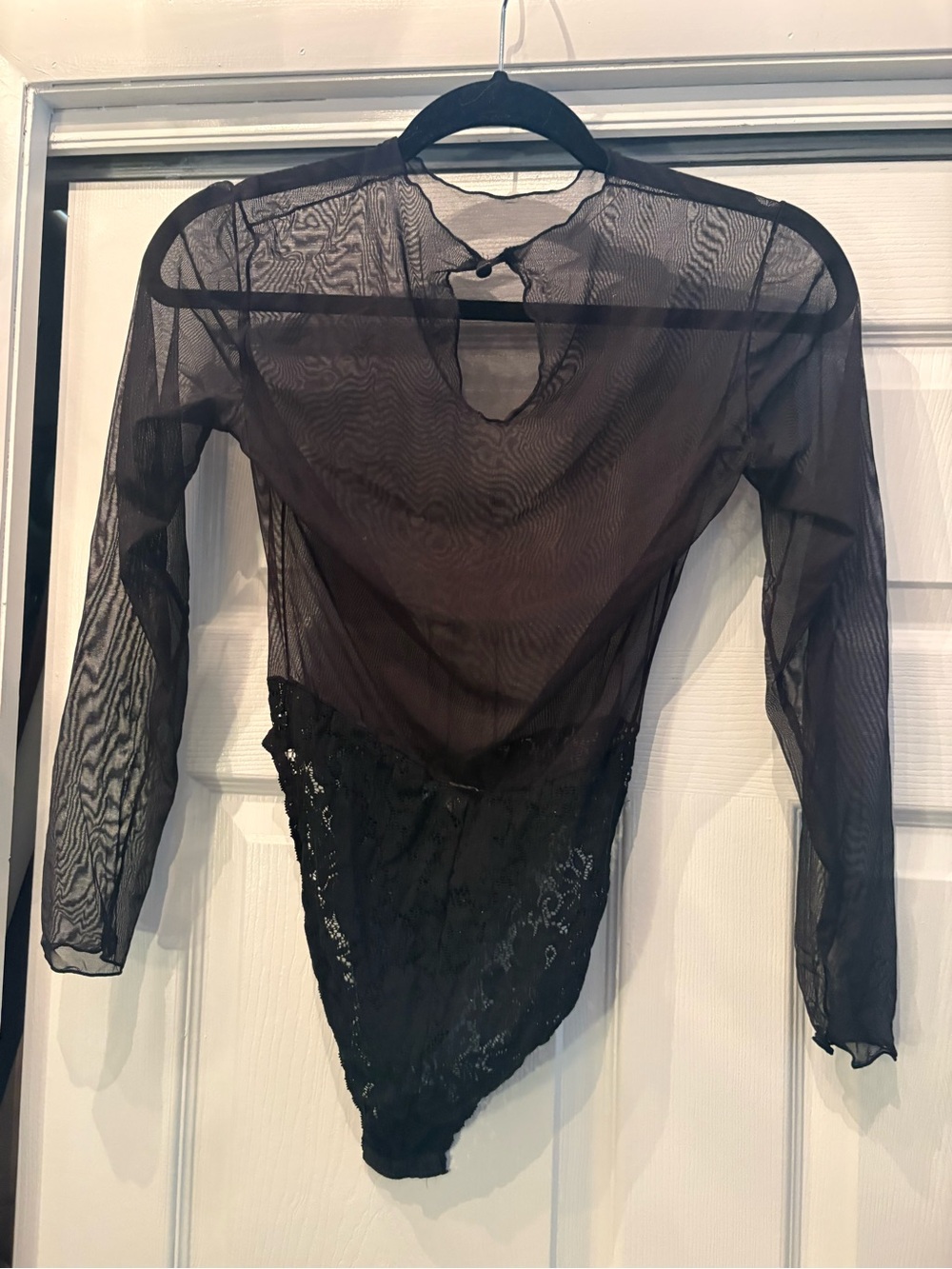 Guy Laroche Sheer Black Long-Sleeve Lace-Trim Bodysuit